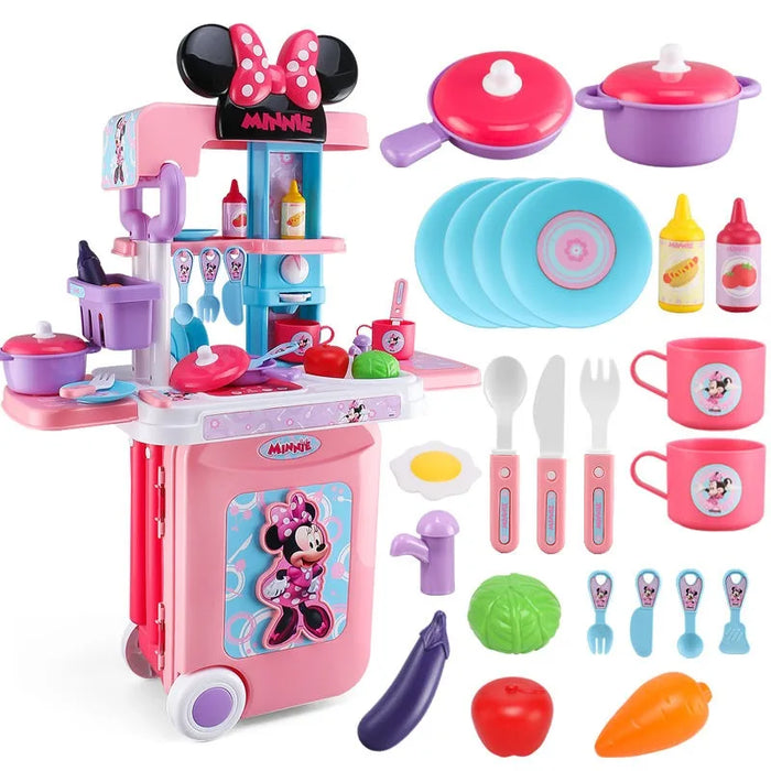 Disney new Mickey Minnie Frozen children's cooking kitchen utensils simulation tableware girls play house toys trolley box